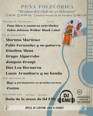 Siete artistas se presentar&aacute;n en pe&ntilde;a folcl&oacute;rica de los 50 a&ntilde;os del Club de Residentes de Sarand&iacute; Grande