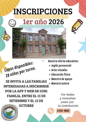Escuela N&deg; 7 "Sim&oacute;n Bol&iacute;var" abri&oacute; inscripciones para primer a&ntilde;o 2026 con 20 cupos disponibles por turno